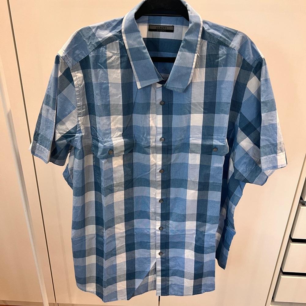 Alfani Blue and White Plaid Button-Down Shirt